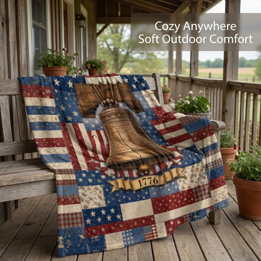 1PC Independence Day Liberty Bell & Quilted American Flag Thick Flannel Blanket, Soft Warm Portable,Great Gift for Boys Girls