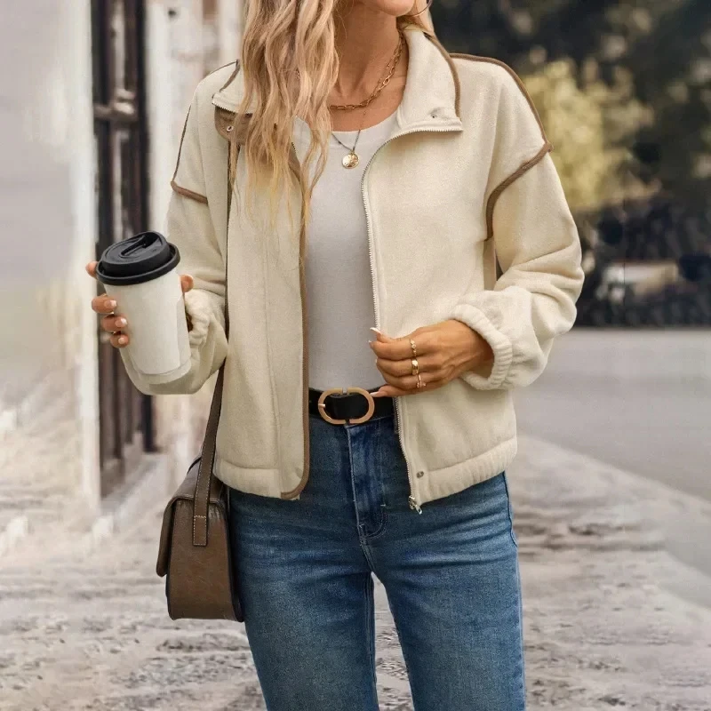 

Insert Strip Spell Color Patchwork Loose Cardigan Coat Autumn and Winter New Lapel Fleecing Zipper Casual Short for Women
