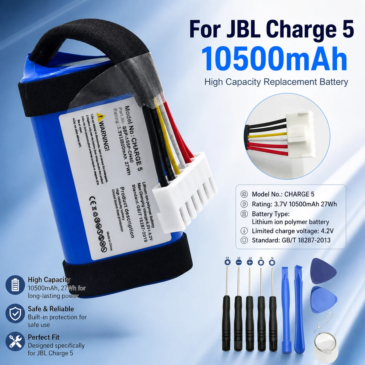 10500mAh GSP-1S3P-CH40 Replacement Battery Pack for JBL Charge 5 Wireless Bluetooth Speaker Rechargeable Repair Battery Pack