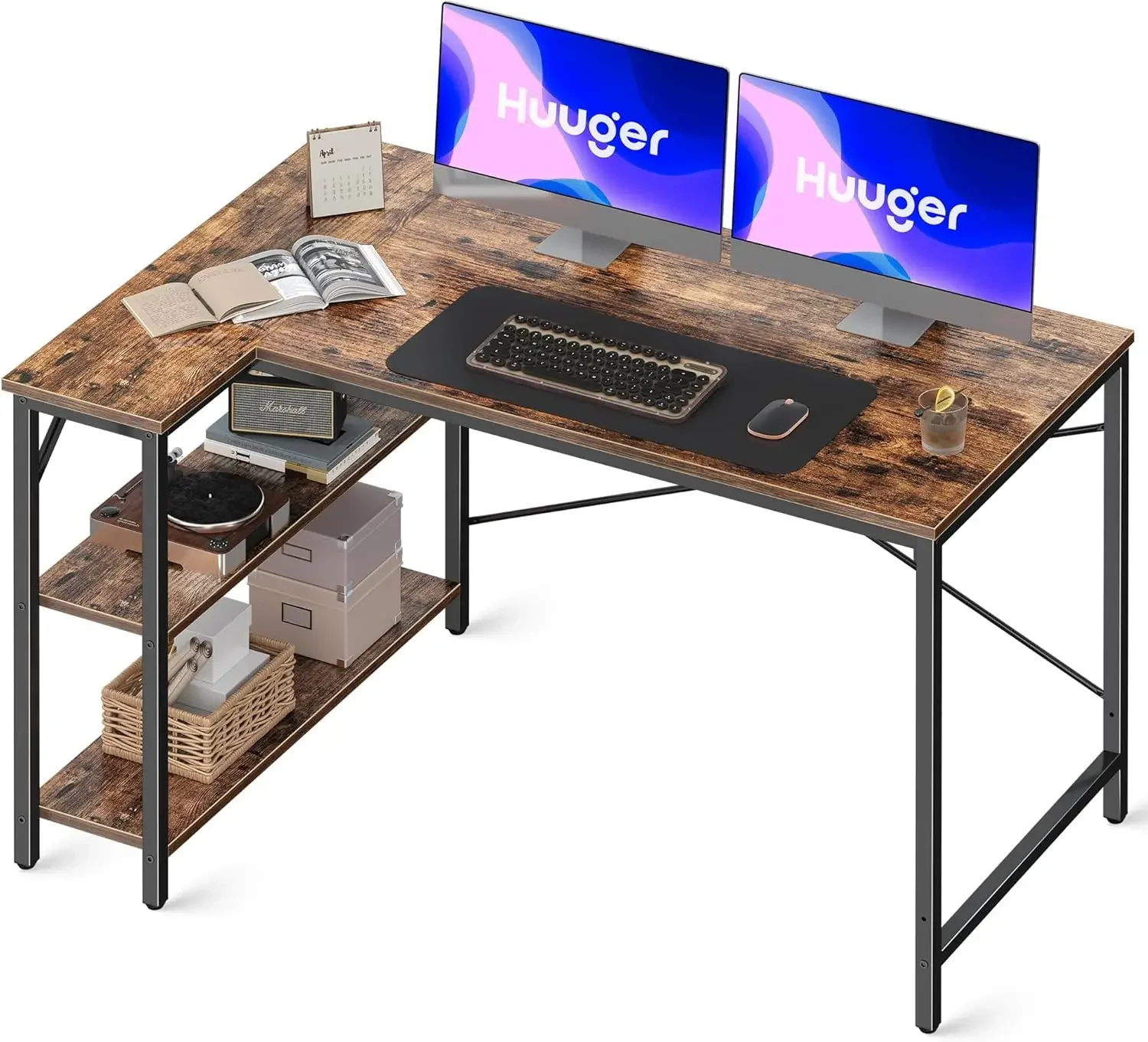 

L Shaped Computer Desk with Reversible Storage Shelves, Gaming Corner Desk for Home Office, Writing Study Desk with Metal Frame