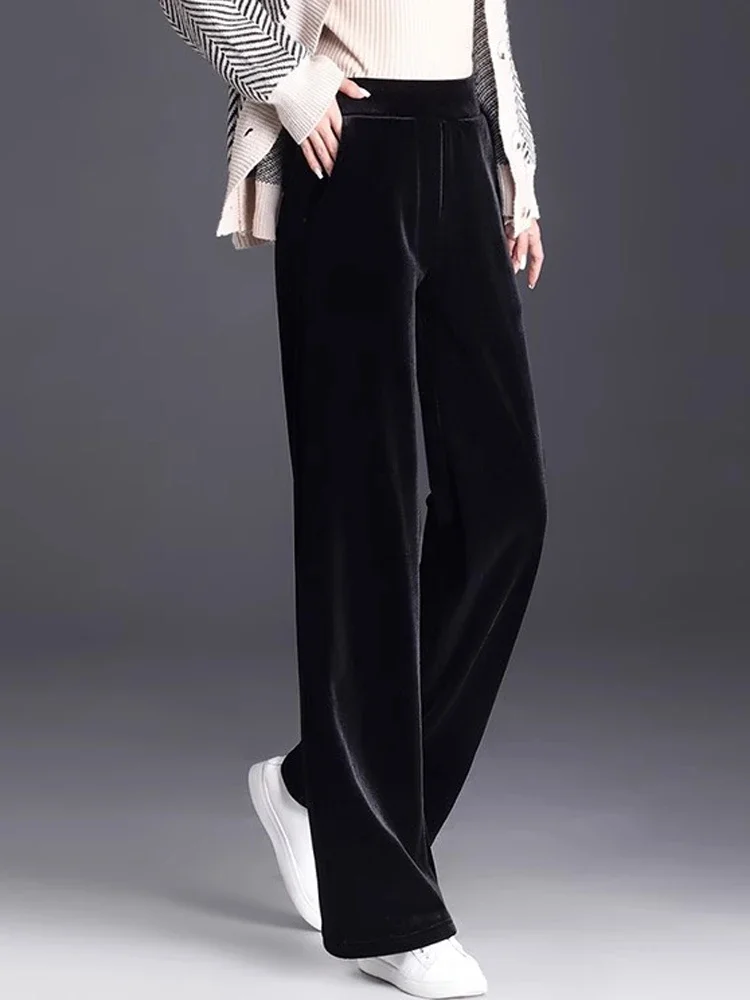

2025 Golden Velvet Wide Legged Pants Spring and Autumn High Waist Hanging Good Casual Pants Blue Loose Straight Women's Pants