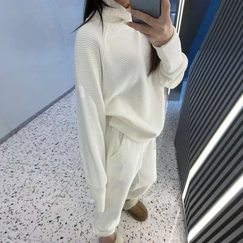 

AL 2024 Yoga Weekend Escape Jogger Set Waffle Weekend Escape Mock Neck Long Sleeve Solid Color Casual Fashion Shirt