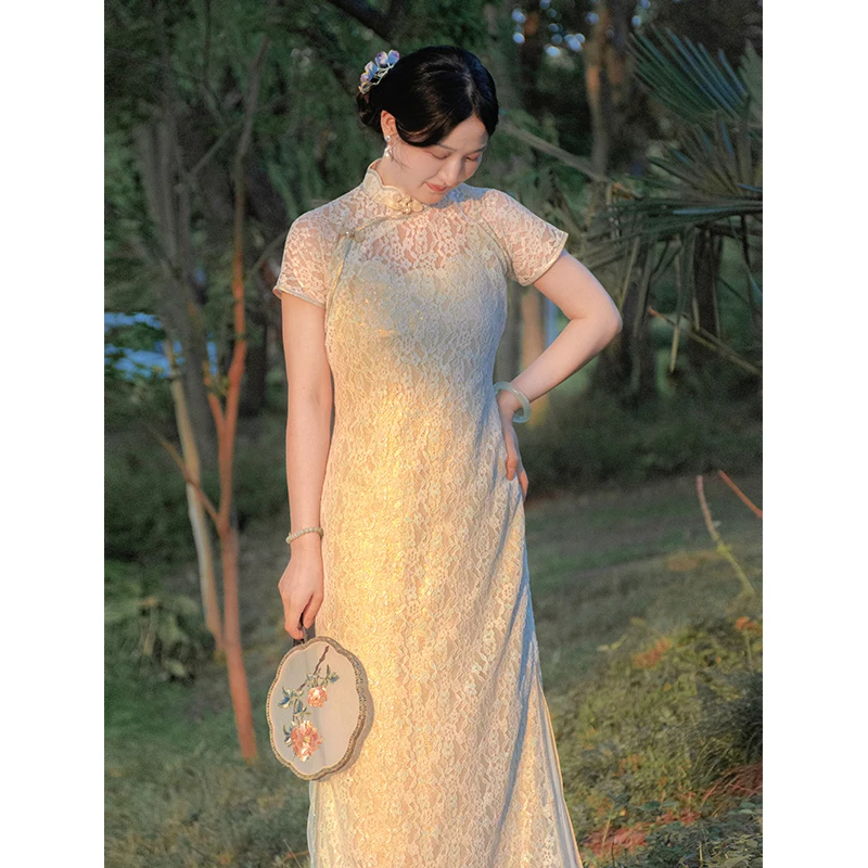 

Xinghe Meng Lace Girl Antique Style Unique Temperament Flat Cut Traditional Daily Wear Short Sleeve Long Qipao