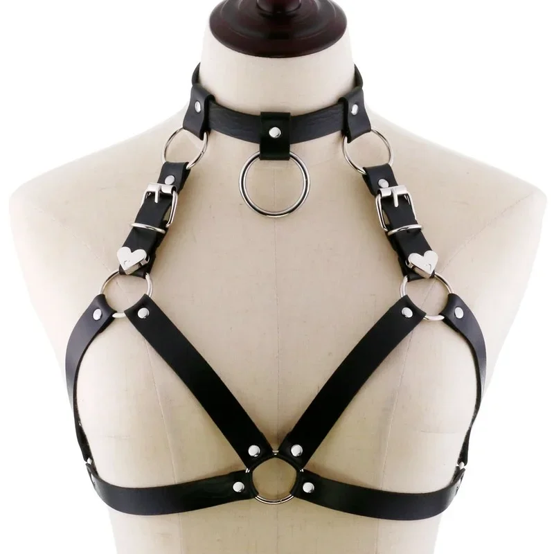 

Decopunk Punk Cupless Bra Top Leather Harness Belt Body Bondage Chest Straps Black Studded Rivet Cropped Top Chest Straps