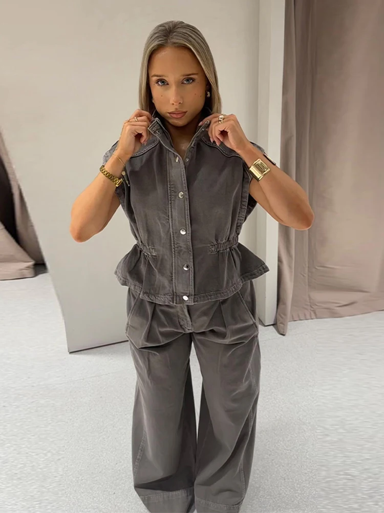 Damen-Hosenanzüge Denim Rollkragen Ärmellose Taillenbetonte Weste Hochgeschnittene Weite Hose Schicke Damen-Outfits Neue Partykleidung – Detail 6