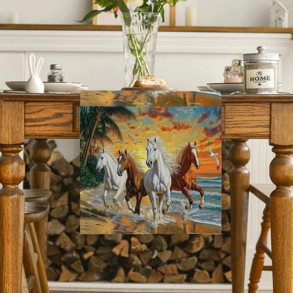 Beach Horses Palm Trees Seagulls Sky Table Runner Home Wedding Centerpieces Decoration Party Table Runners Dining Long Cloth