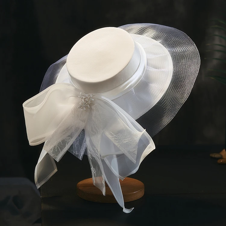 Wide Brim Mesh Flat Fedoras Headwear Lace Bow White Wedding Hat Elegant Evening Party Church Formal Hat French Women Fascinators