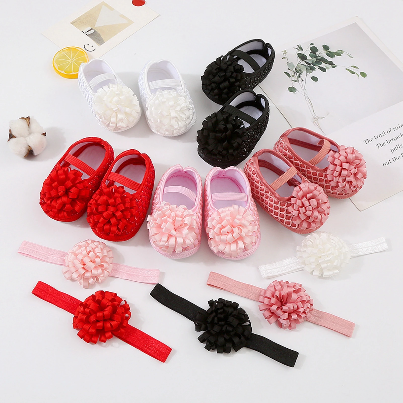 

0-12 Months Baby Girls Princess Shoes and Headband Ribbon Flower Mary Jane Flats Dress Walking Shoes for Newborn Infant Toddler