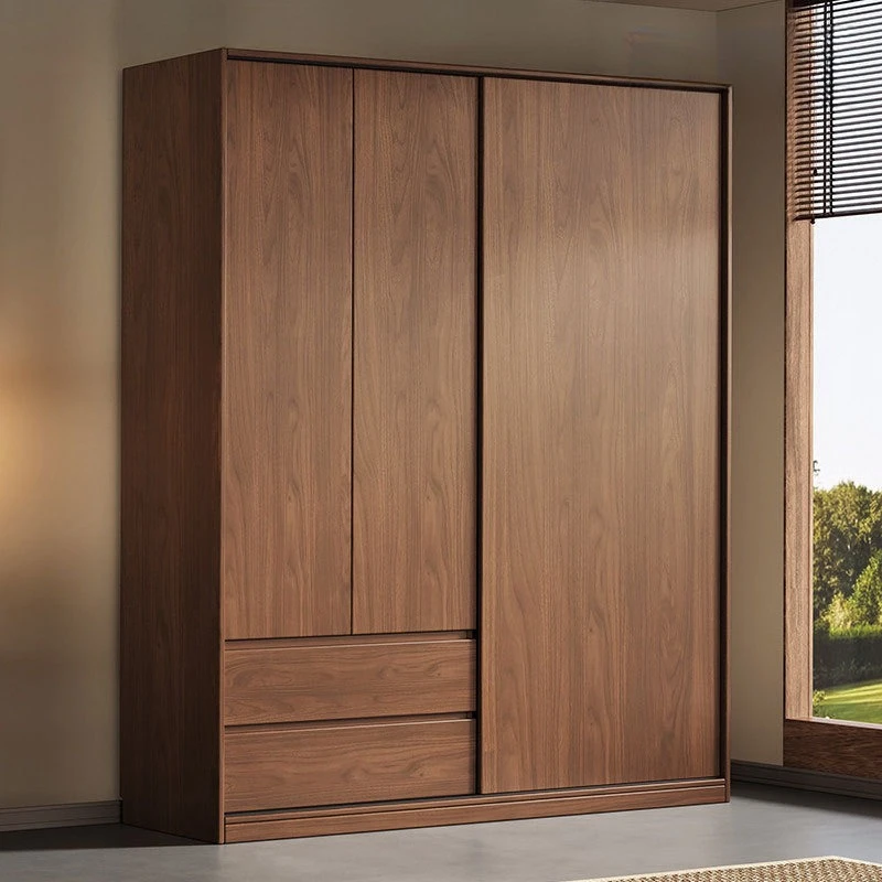 Solid wood wardrobe household bedroom walnut sliding door storage cabinet free installation dark hanging wardrobe