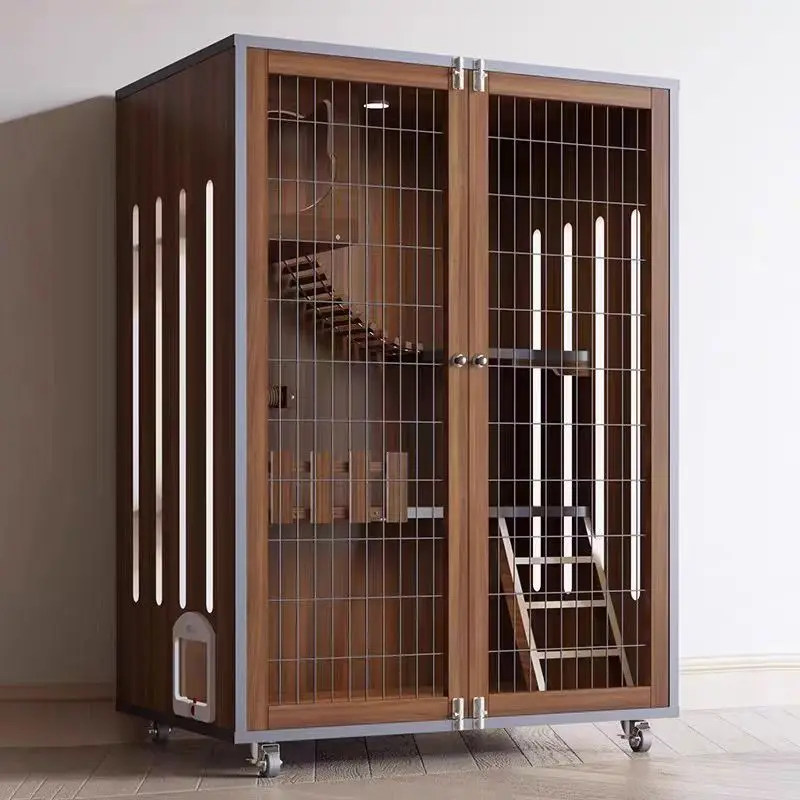 

Wooden Cat House Indoor 3 Tier Luxury Cat Cage with Iron Mesh Door Breeding Cat Villa Pet Furniture