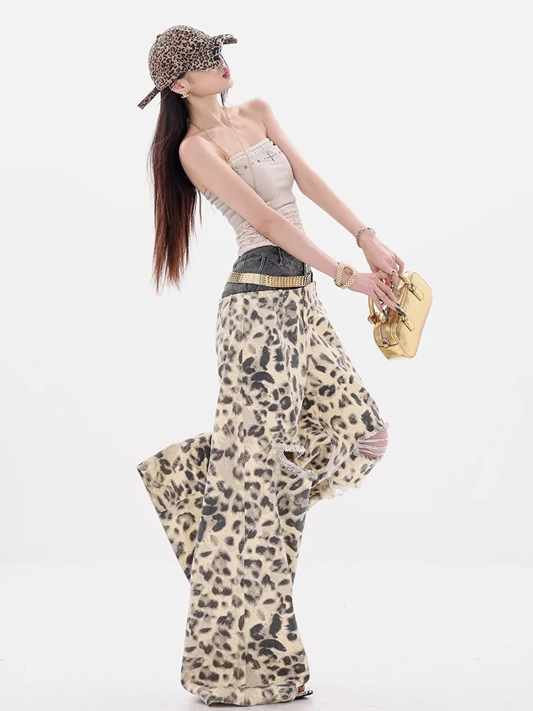 ارتفاع الخصر ممزق هول سليم امرأة الجينز Y2K الأمريكية الرجعية ليوبارد النساء الجينز جديد عادية فضفاض بنطال ذو قصة أرجل واسعة الإناث شيكلي