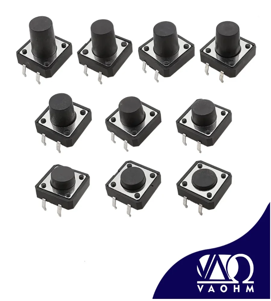 100pcs  12×12 mm Tactile Push Button Switch 4‑Pin DIP Through‑Hole PCB Mount Assorted Heights