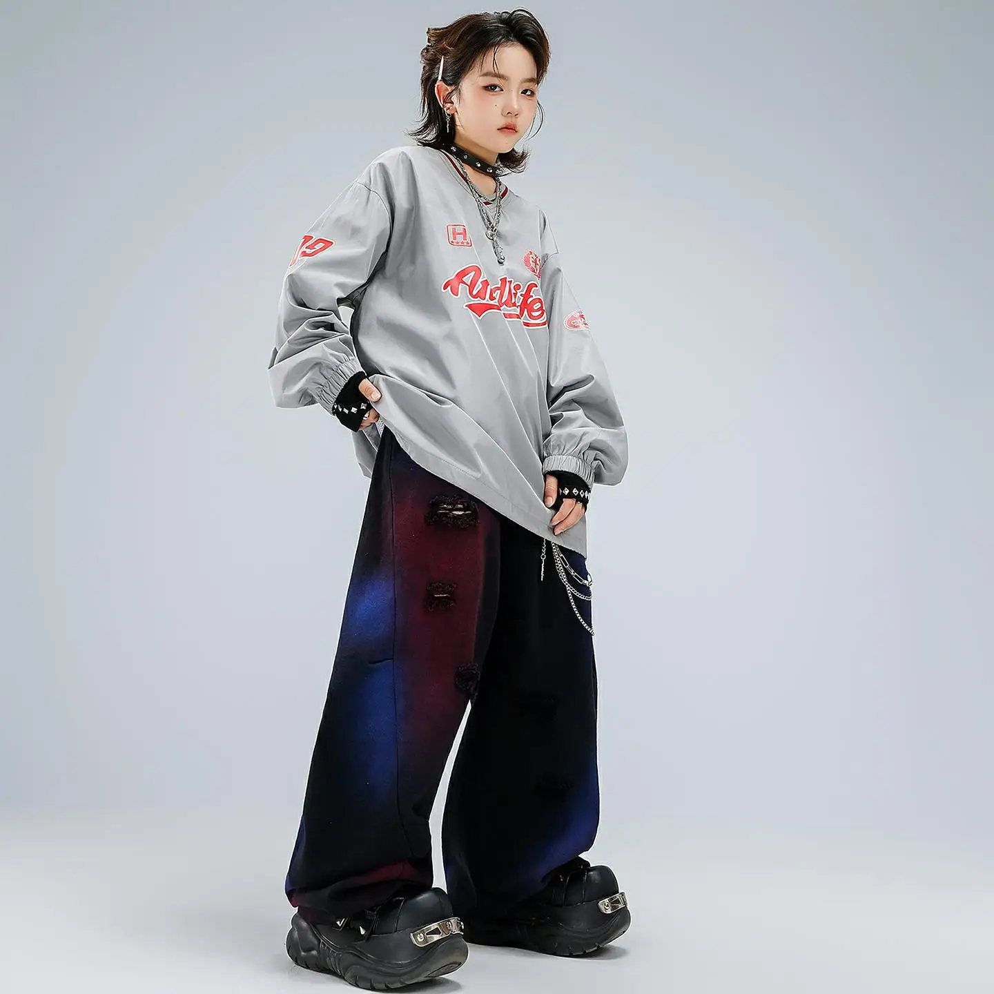 

Детская одежда в стиле хип-хоп Kpop, серая толстовка из джерси, рваные брюки с изогнутыми лезвиями для девочек и мальчиков, костюм для уличных танцев, одежда