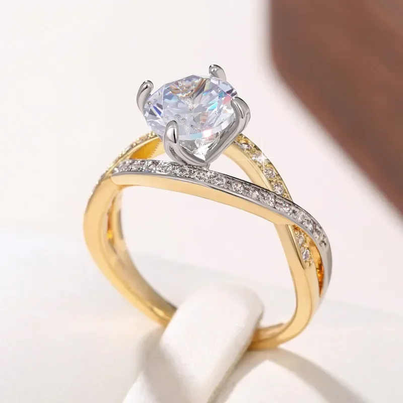 2024 Two Tone Luxury Women Rings with Sparkling Cubic Zirconia Newly Designed Fashion Cross Band Female  Wedding Jewelry