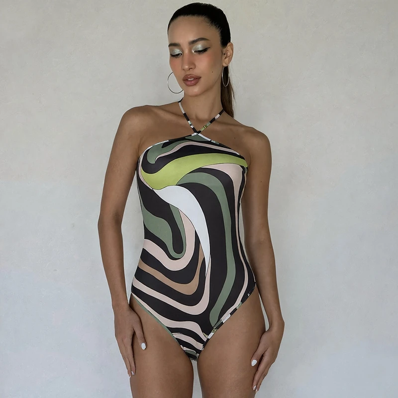 

STYLISH LADY Contrast Color Striped Printed Swimwear 2025 Summer Women Halter Backless Beach Swim Bikini Bikinis Sets