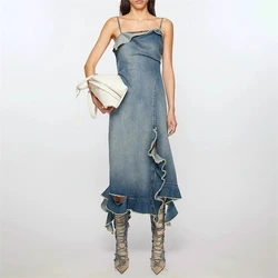 High quality summer new women's shoulder strap tube top irregular denim dress y2k fashion high street backless ruffle long skirt