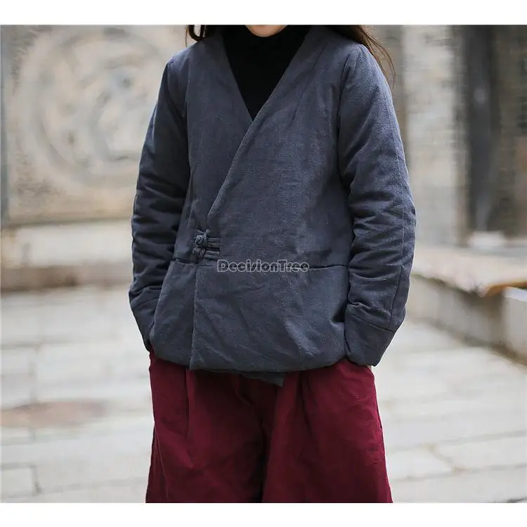 2023 autumn and winter new thick plate buckle chinese style zen tea jacket clip cotton-padded jacket short loose coat women s930