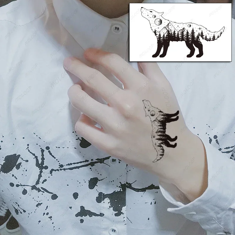 Волк-татуировки-наклейки-мультфильм-планета-лес-Рождественская-елка-гора-водостойкий-боди-арт-временные-поддельные-татуировки-для-женщин-мужчин-детей