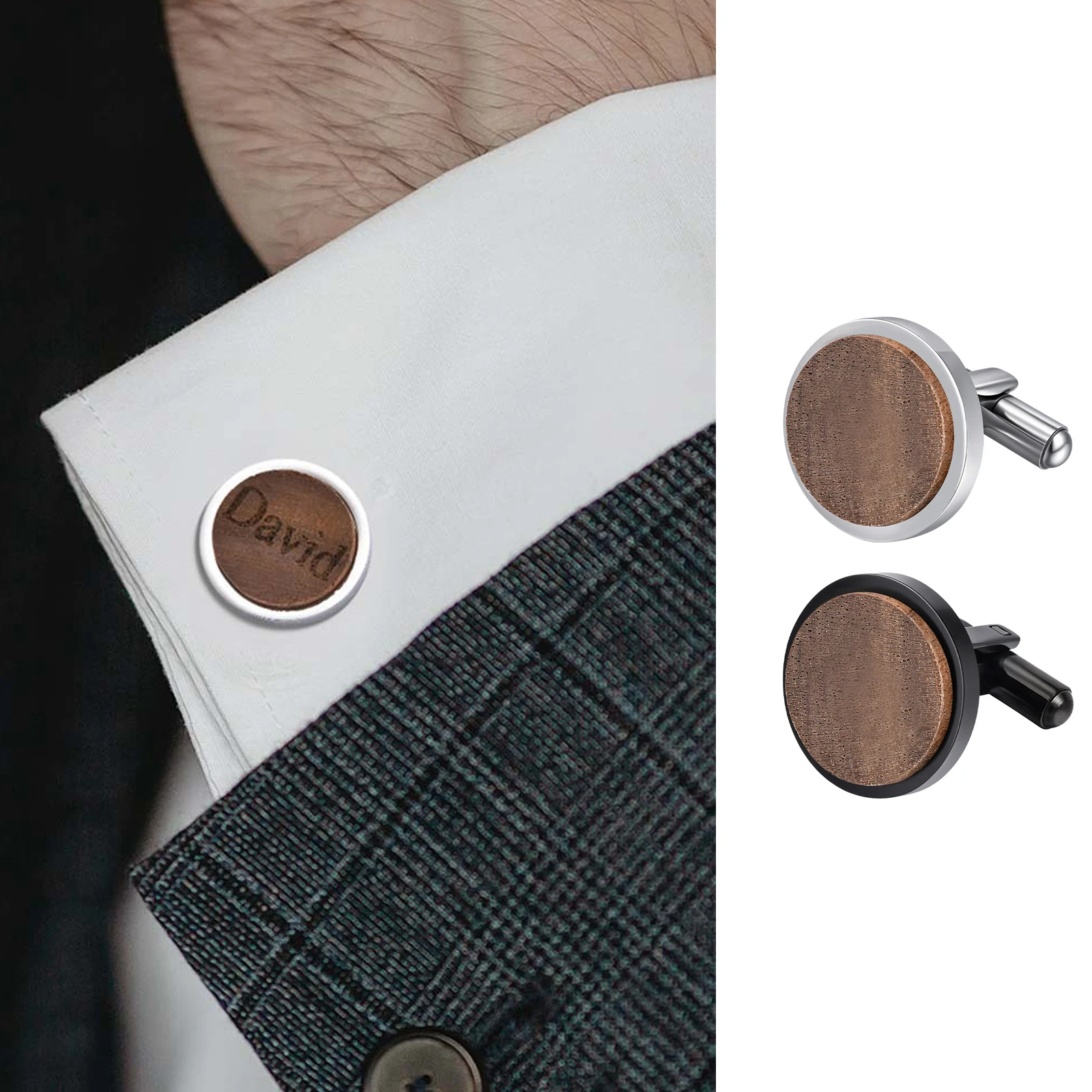 Stylish Personailized Men's Cufflinks,Wood Brown Color Round Shape Cufflinks,Gentlemen Gifts to Dad Father Husband