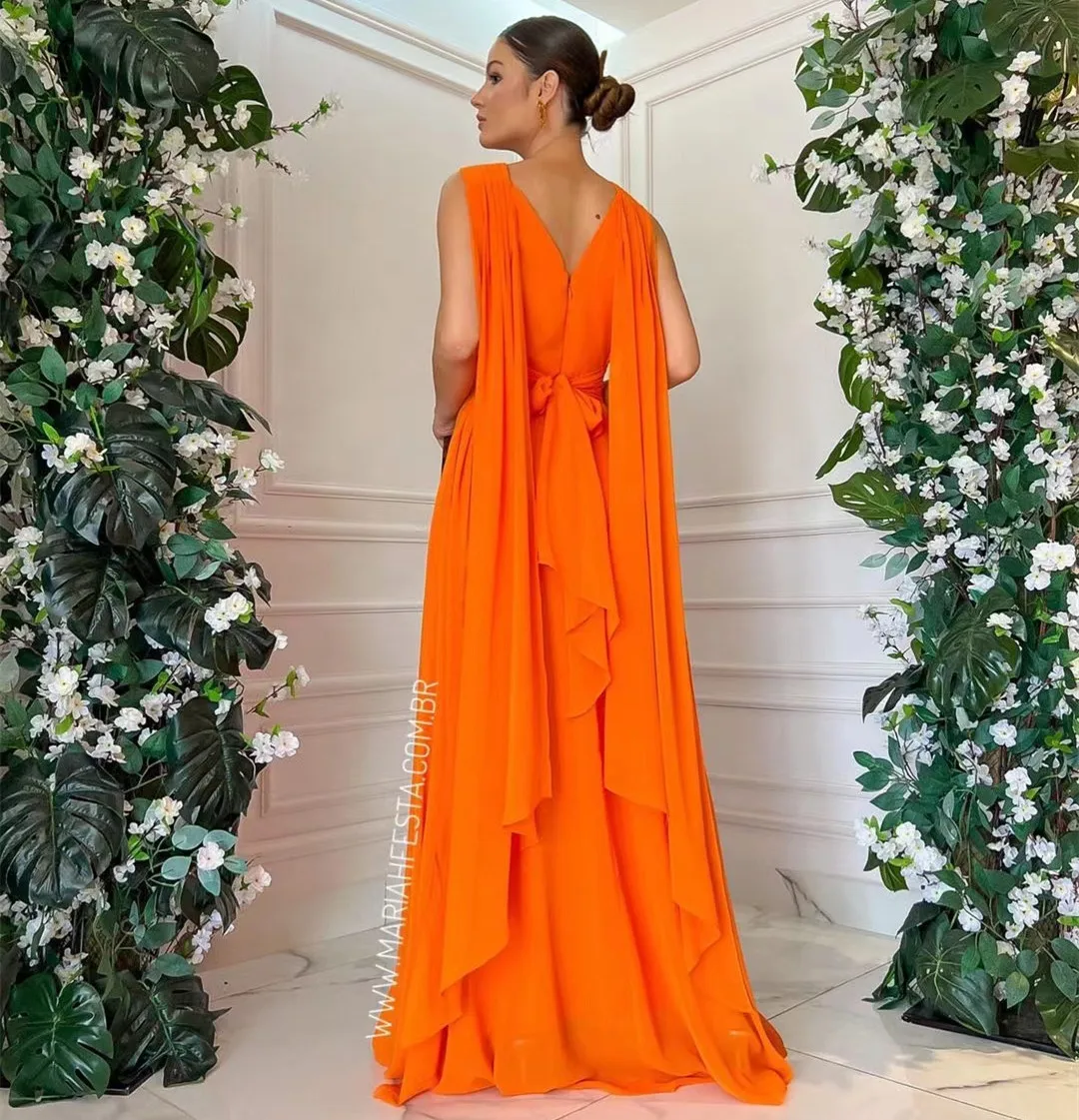 Orange Chiffon Prom Dresses with Flutters Sleeveless Zipper Back Wedding Guest Dress for Women Long Evening Party Gowns