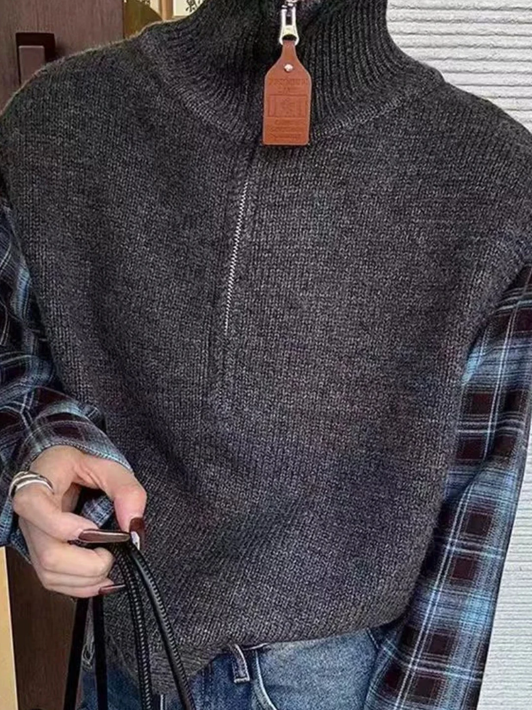 Korean Retro Plaid Shirt Sleeve Splicing Knitted Sweater Women's Autumn Fake Two-Piece Vest High Collar Zipper Sweater