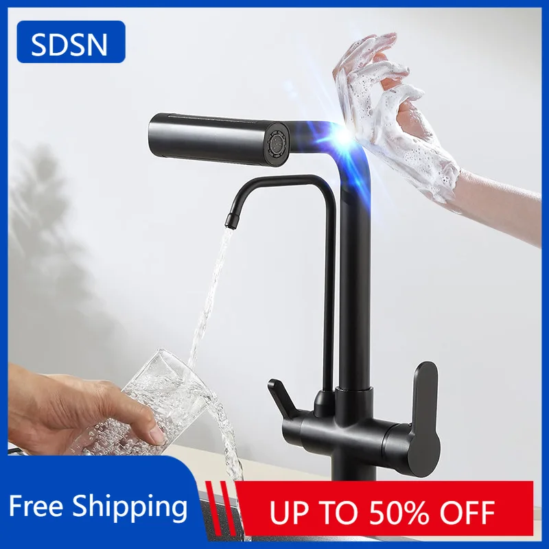 

Touch on Filter Waterfall Kitchen Sink Faucets with Pull Down Hot Cold Kitchen Mixer Tap Brass Smart Touch Kitchen Filter Faucet