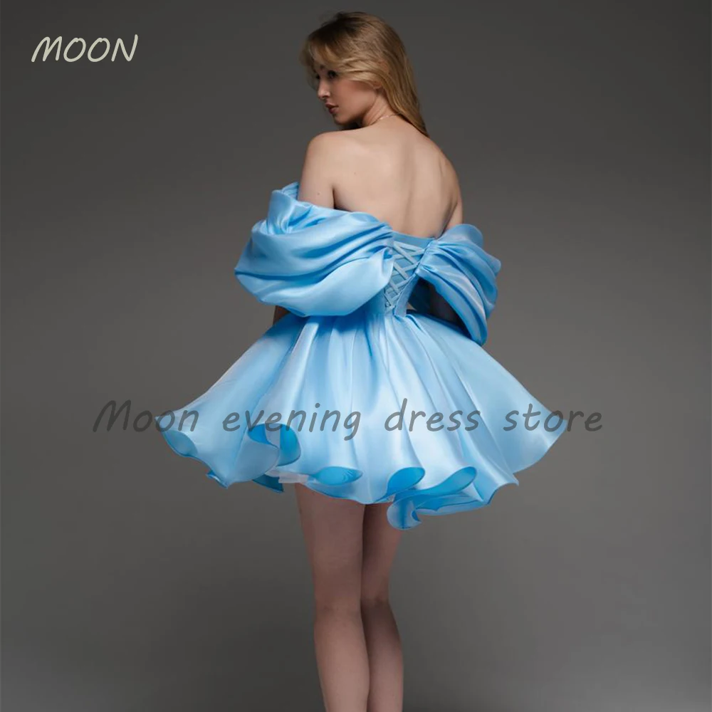 Moon Short ball dress Blue off-the-shoulder above knee satin formal evening dress Girls Pleated ball cocktail party dress