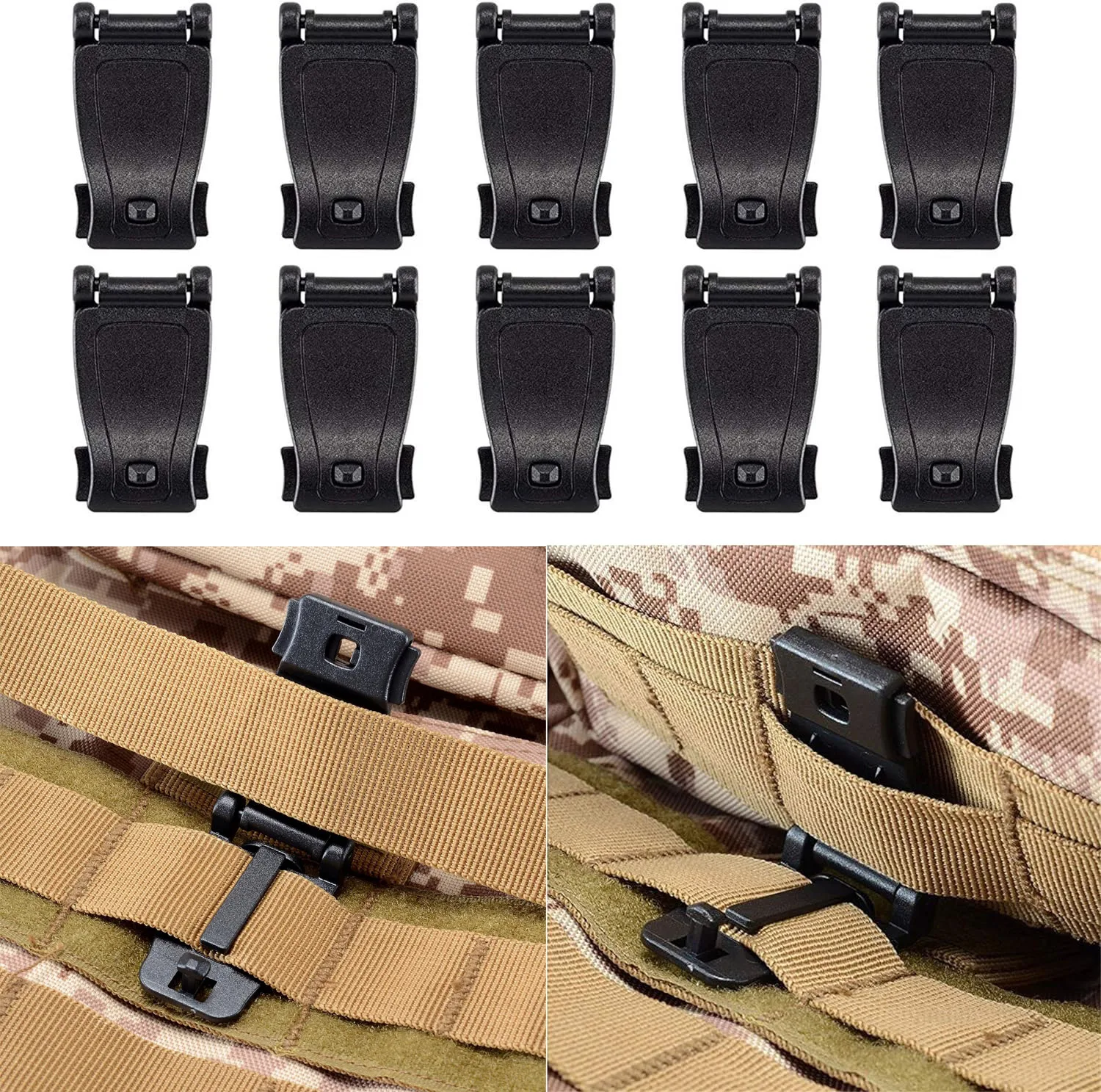 10Pcs Multipurpose MOLLE Clip Tactical Strap Webbing Attachment Dominator Connection Buckle Management Tool for Bag Backpack