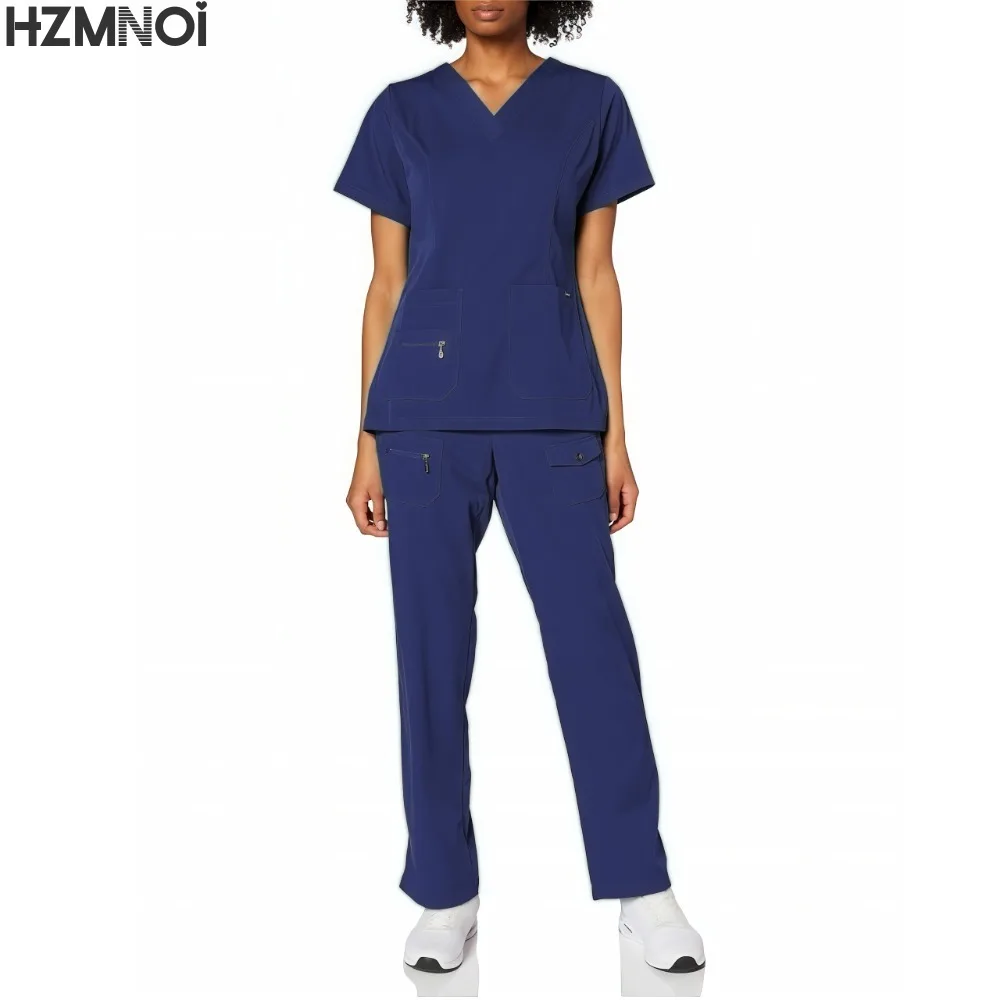 New Nurse Uniforms Elatic Solid Tops Pants Woman Man Scrub Trousers Dental Vet Hospital Pet Clinic Medical Uniform Scrub Sets