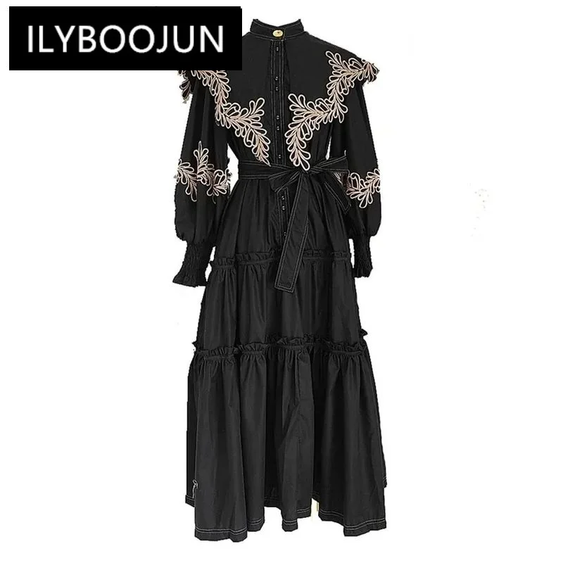 

Embroidered Cape Style Lantern Sleeve Dresses For Women Long Sleeve High Waist Causal Loose Elegant Dress Female 3WQ9225