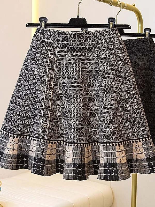 

Ретро-юбка в клетку, вязаная, женская, модная, осенне-зимняя, больших размеров, с оборками по низу, короткая, в корейском стиле