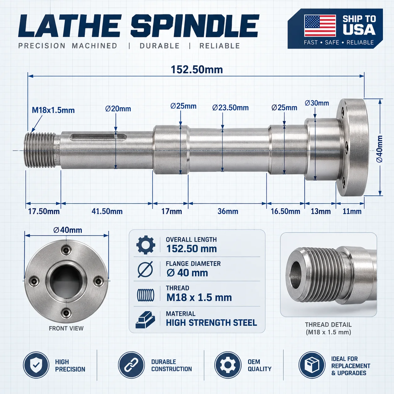 Lathe Spindle MT2 Replacement Spare Part for SIEG C1-041 Grizzly M1015 G0937 SOGI M1 150 MS 1 Mr Meister Compact 7