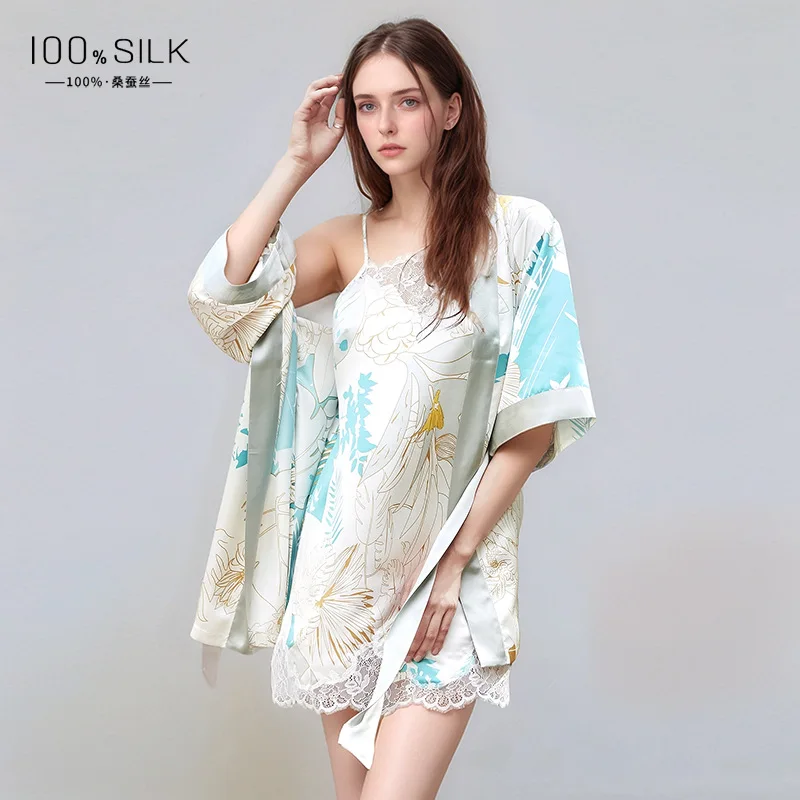 

Printed 100% Real Silk Slip Nightgown Lace Trim Sexy Kimono Bathrobe Nightdress Medium-sleeved Casual Chemise Sleepwear Pajama