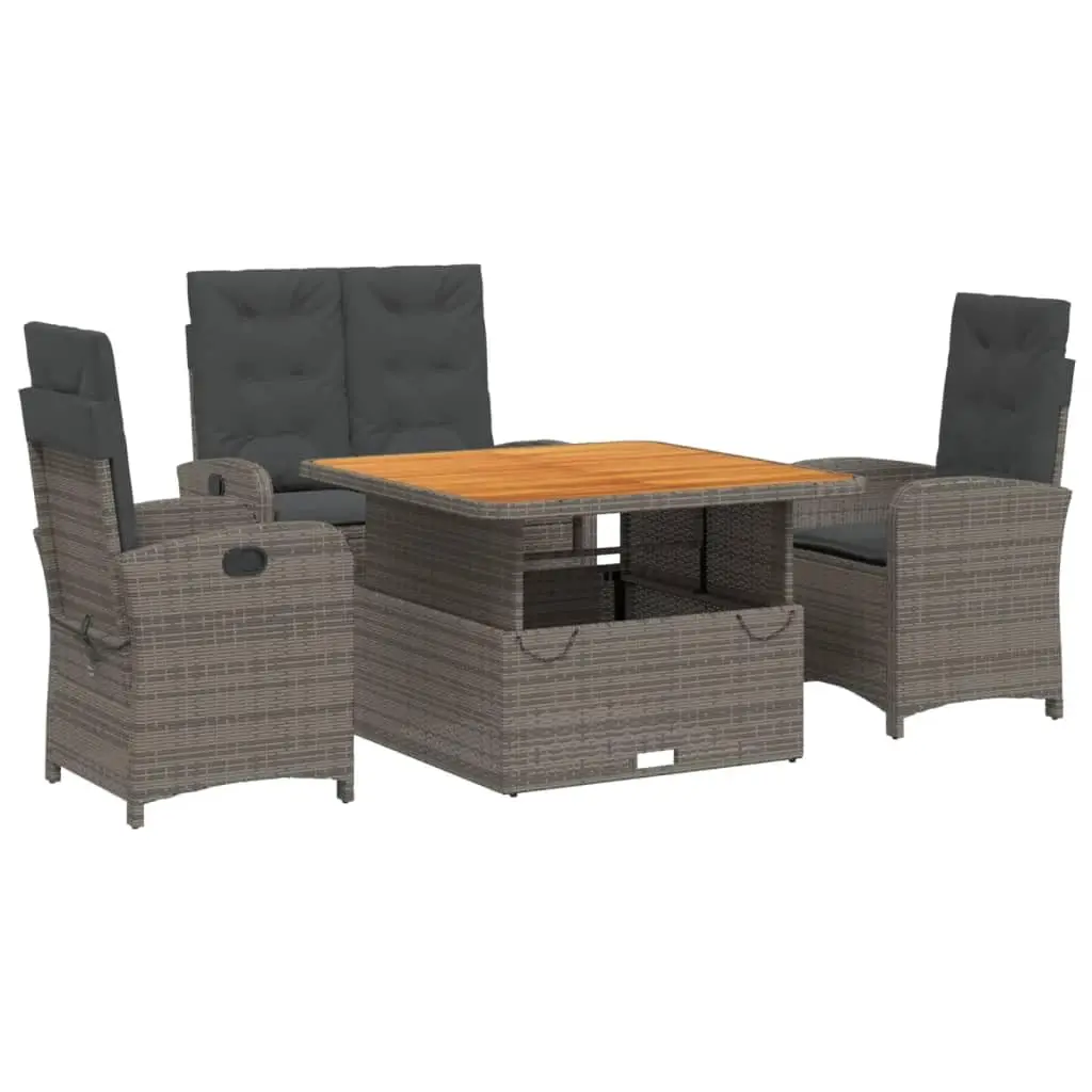 4-Piece Gray Poly Rattan Patio Dining Set with Cushions, Outdoor Garden Poolside Furniture, Customized