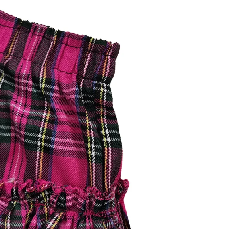 Y2K Style Mini Skirt For Women Ruffles Elastic Waist Fuchsia Plaid Pleated Skirts Sexy Street Dance Clothes 2025 Summer Spring