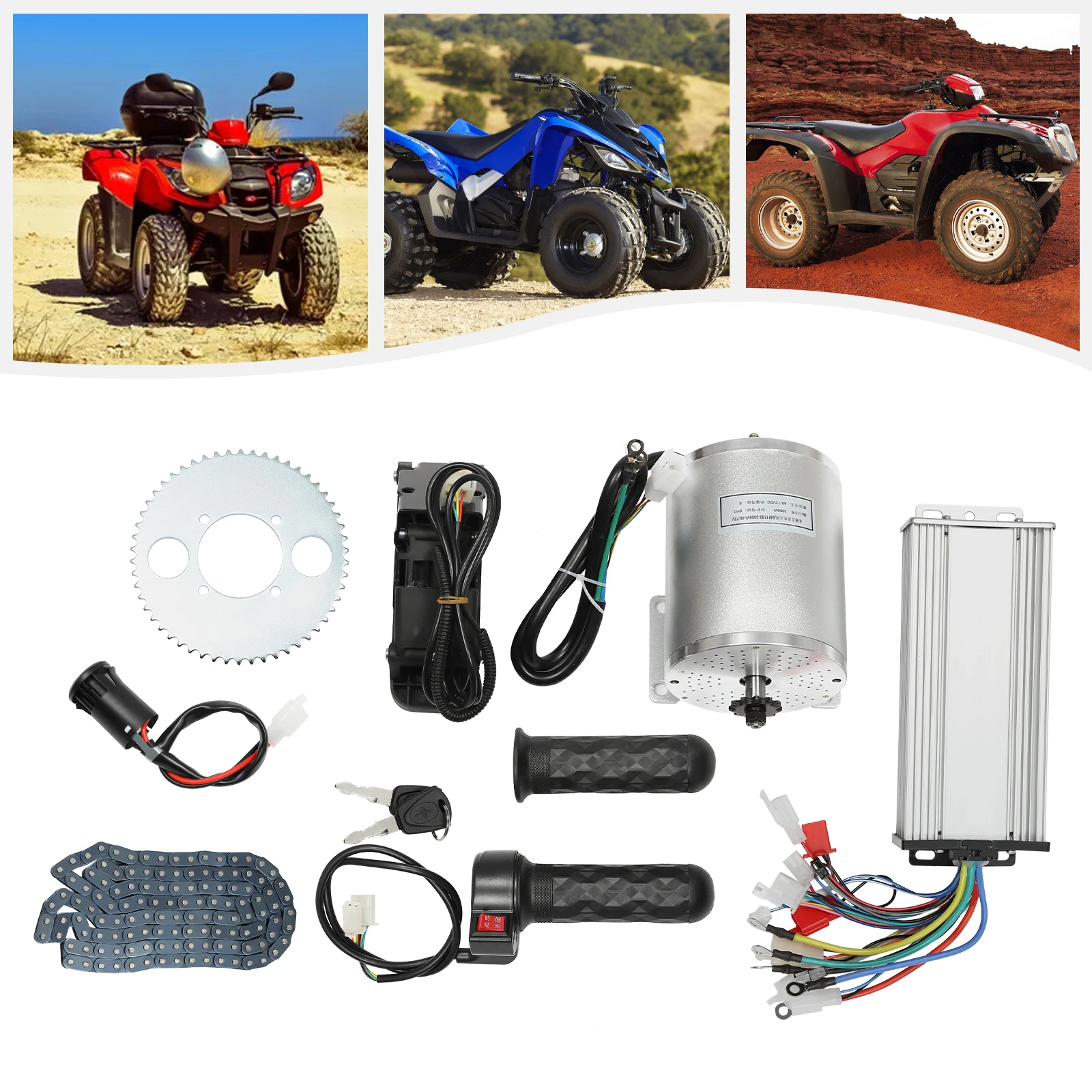 3KW Electric Motor for Bicycles, Go-Karts, 48-72V, Brushless, Includes Controller, Throttle, Handlebars, and T8F Chain Kit