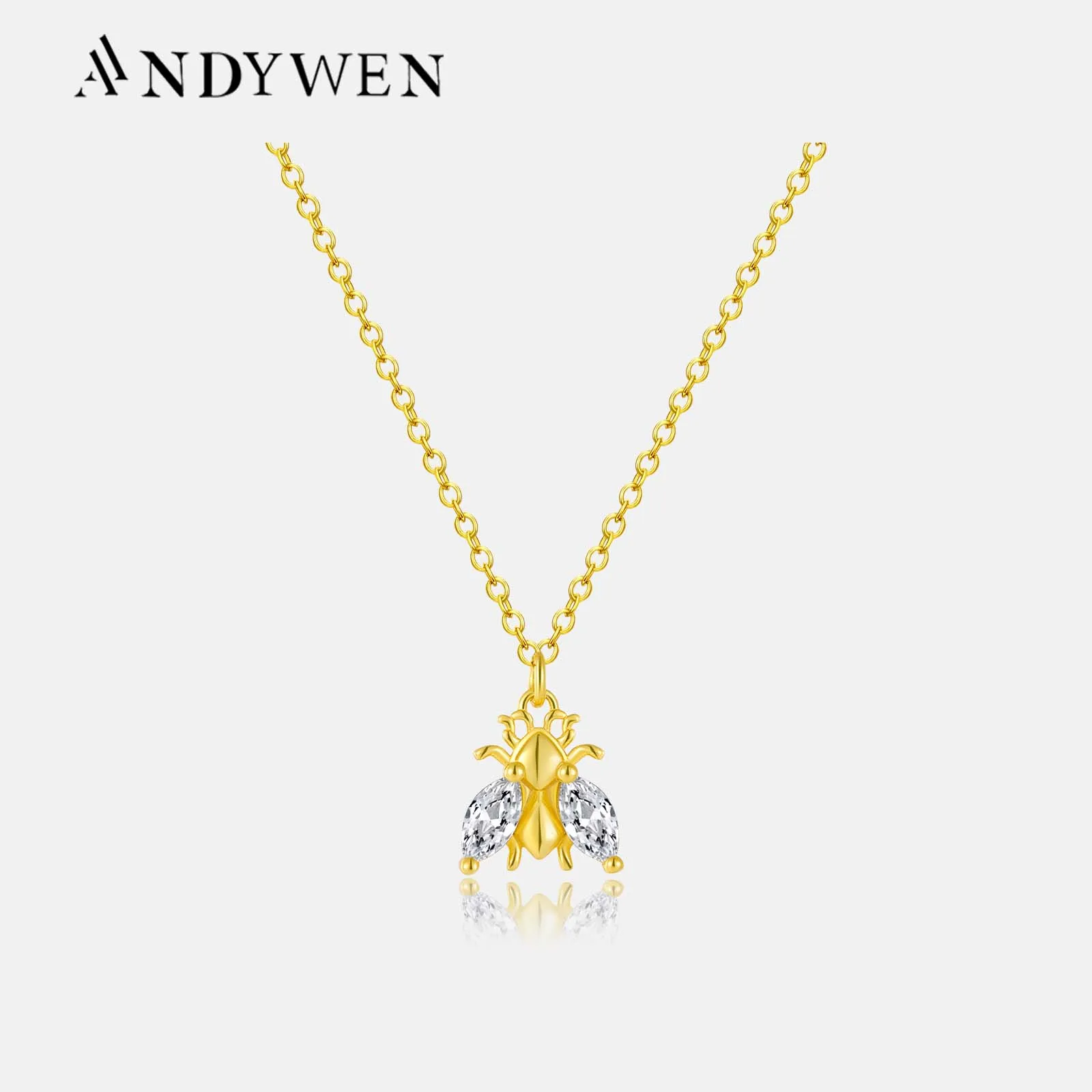 ANDYWEN 925 Sterling Silver Long Chain Bee Clear ZIrcon Simple Luxury Women Fashion Jewelry 2023 Crystal Wedding Simple Jewelry