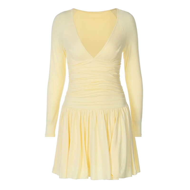 Maemukilabe Women Fall Long Sleeve Mini Dress Y2K Deep V Neck Ruched Pleated Hem Bodycon Dresses Sexy A-Line Short Party Dress