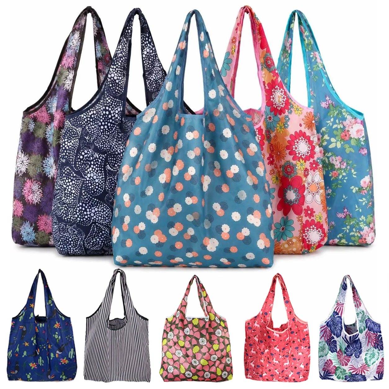 1PC Portable Folding Tote Bag – Reusable Grocery Durable Lightweight Fabric for Supermarket Travel Picnic, Cute Patterns TMZ