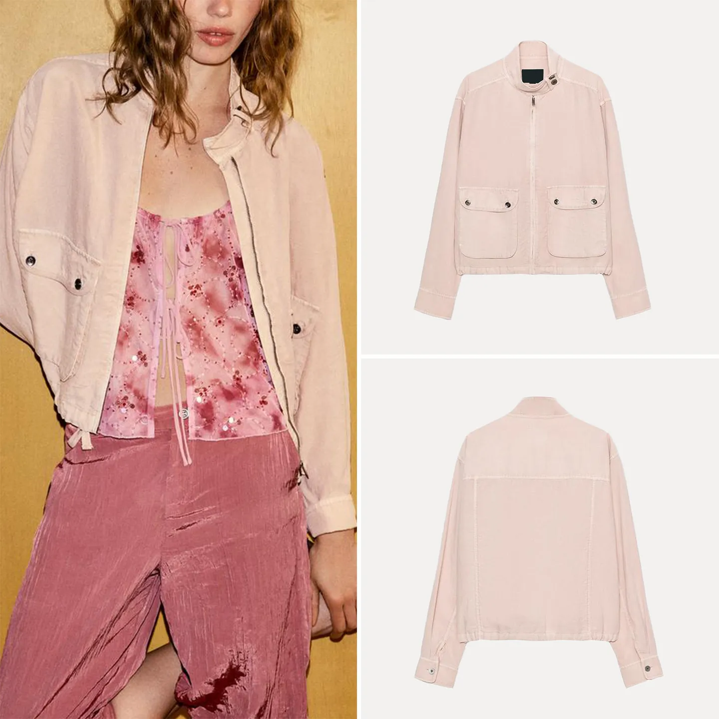 

Fashionable Washed Effect Pocket Jacket Women's Casual Versatile Summer Shirt Commute Style Long Sleeve Zipper Closure
