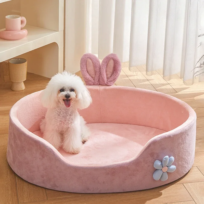 INS Bunny Themed Pet Bed, Pink Rabbit Dog Nest, Soft Rebounding Cat Cushion, Comfortable and Skin-Friendly Design