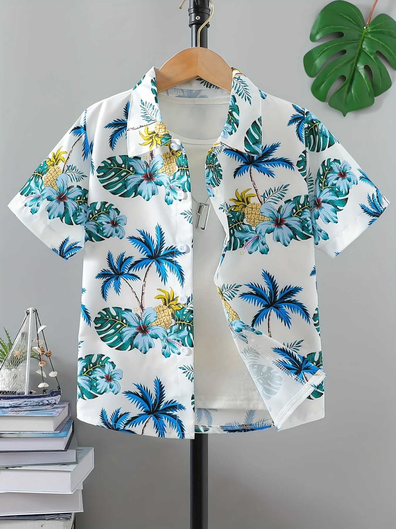 

3D Leaves Print Boys Creative Shirt Casual Top Shirt Children's Blouses Short Sleeve Kids Summer Clothes Turndown Collar Clothes