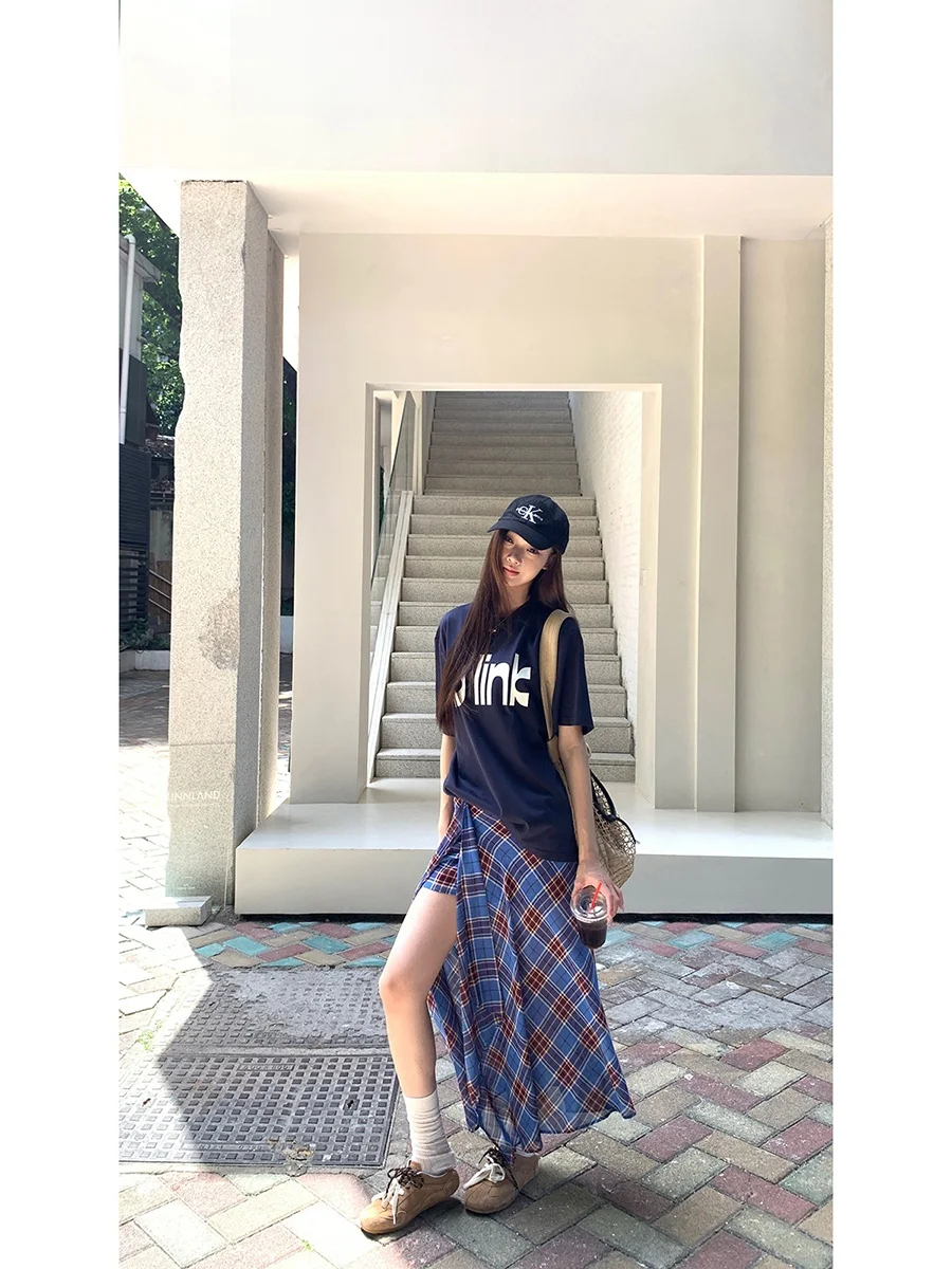 Blauwe geruite A-lijn rok Onregelmatige zoom Dames Zomer Faionable Rokken Casual lage taille Polyestervezel Rechte buis