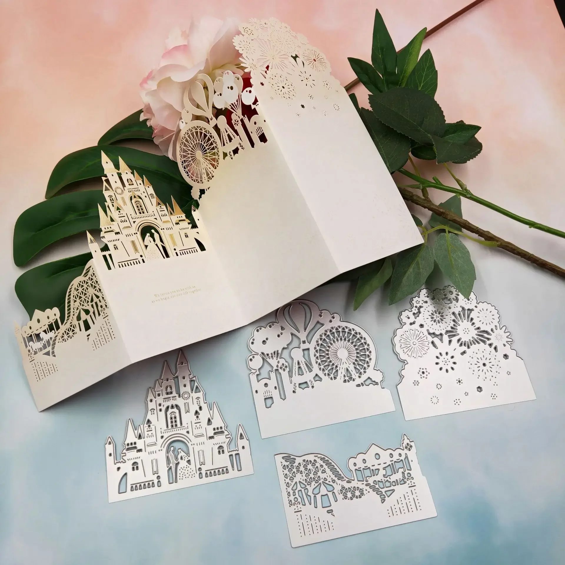 Wedding Greeting Card Making Set Castle, Ferris Wheel, Fireworks, Romantic Wedding Making Invitation Template  Cutting Mode