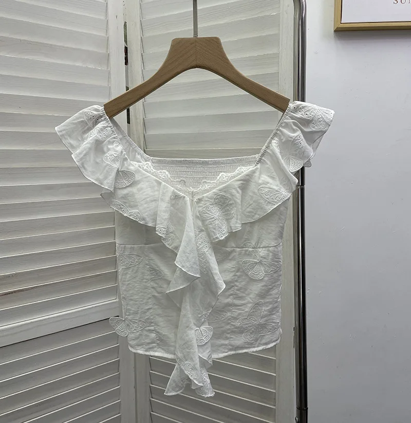 

2026 Summer New Women's White Lace Tube Top Sling Vest Butterfly Embroidered Ruffle Edge Short Spice Girl Top