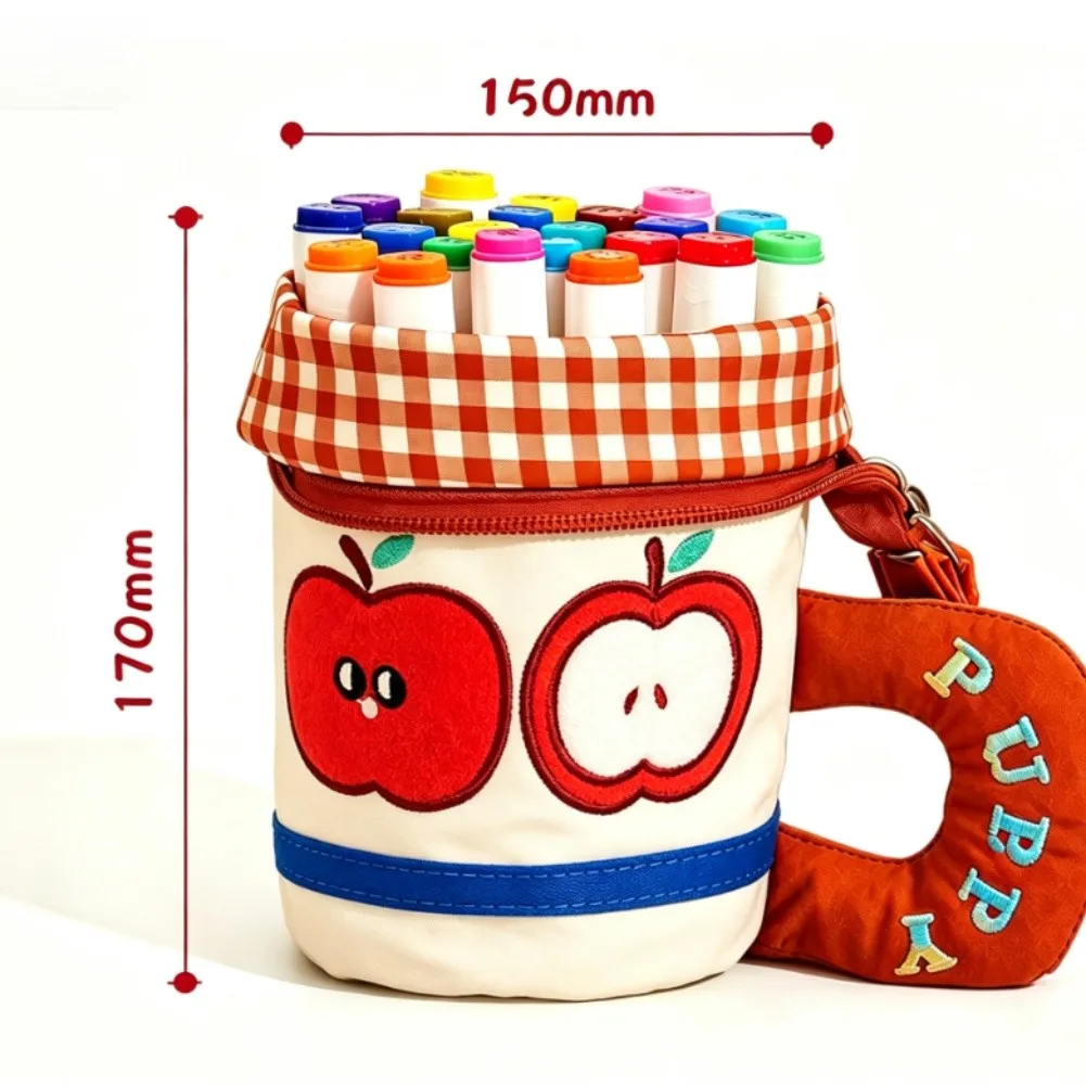 Canvas Pencil Case with Lively Embroidered Fruit and Animal Motifs Including Oranges Apples Kittens and Puppies for Utility Use