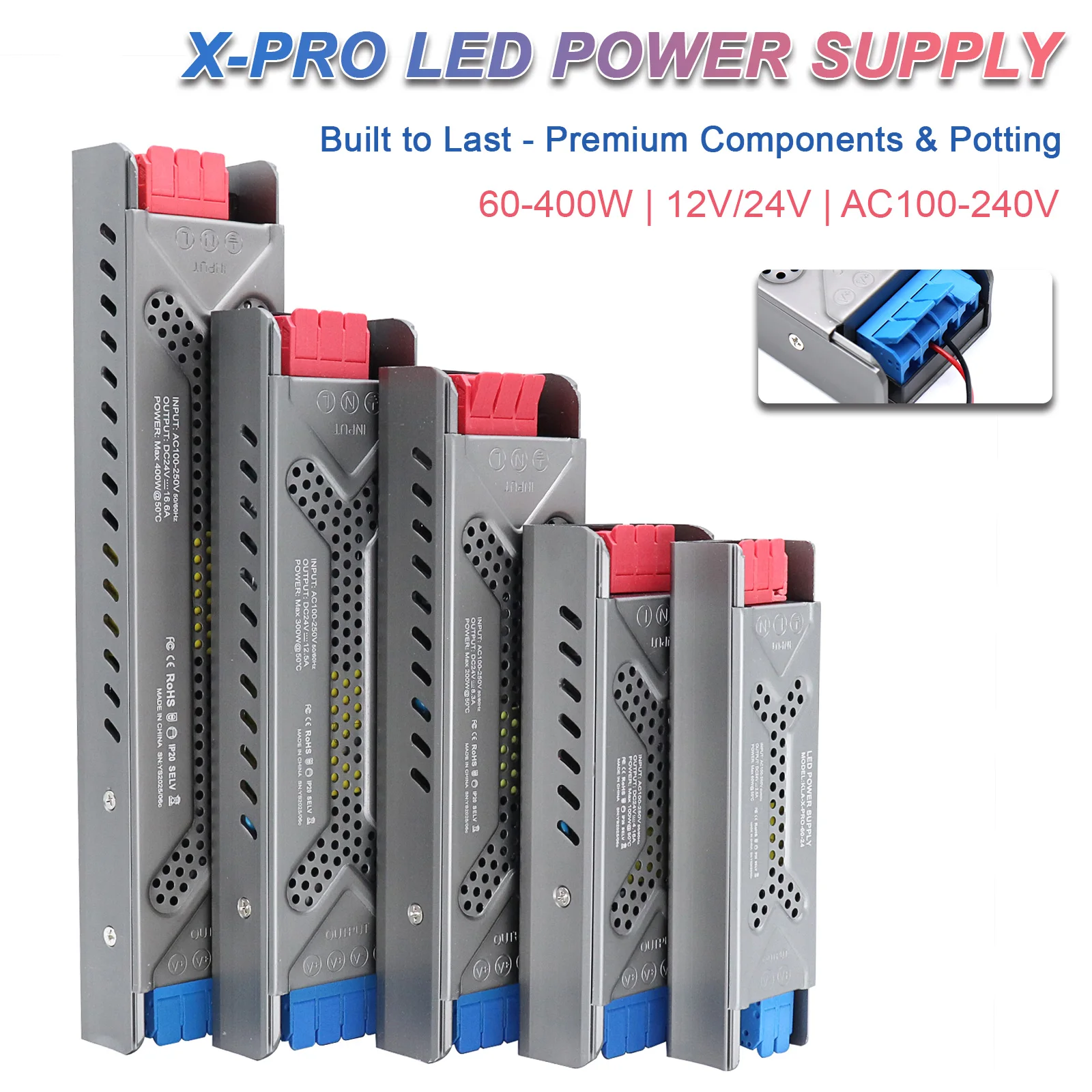 

X-Pro Power Supply 12V 24V 60W 100W 200W 300W 400W LED Driver Transformer PSU with Push Terminals Fast ConnectorS AC100-250V