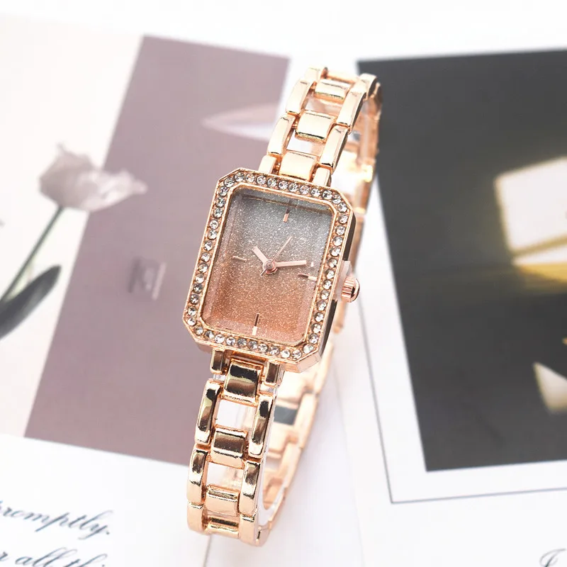 Jam Tangan Wanita Bermerek Mewah Jam Tangan Kuarsa Wanita Desain Minimalis Kristal Persegi Modis Jam Tangan Baja Tahan Karat Reloj Mujer