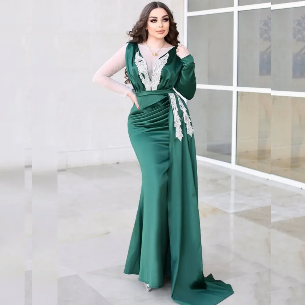 

Customized Sparkle Classic Charmeuse Sequined Pleat Trumpet Scoop Neck Long Dresses Bespoke Occasion