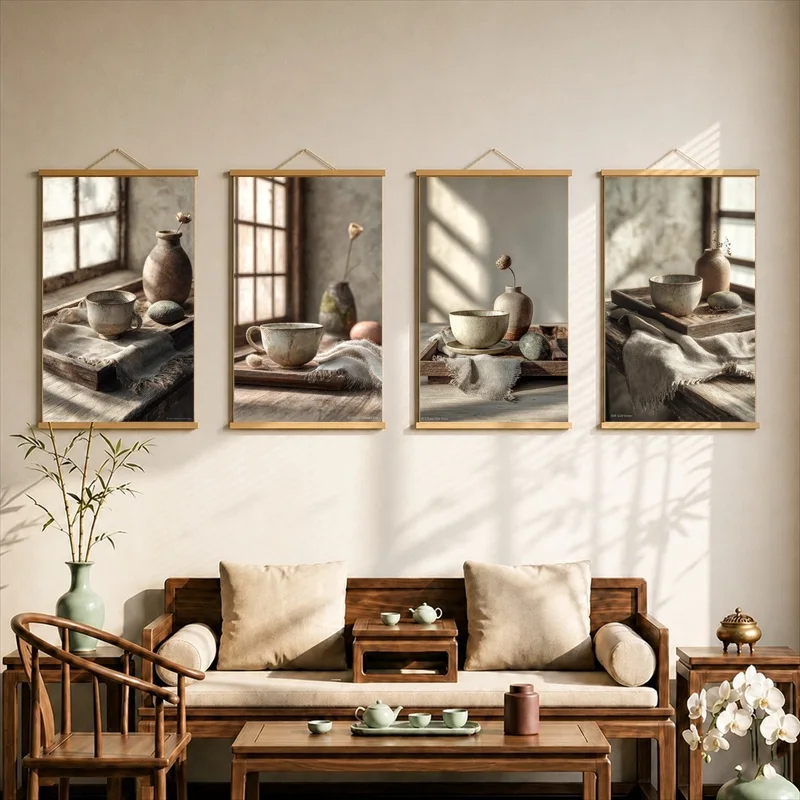 Wabi Sabi Abstract Canvas Wall Art Hanging Scroll Muted Neutral Minimalist Print with Wooden Rods for Modern Home Decor